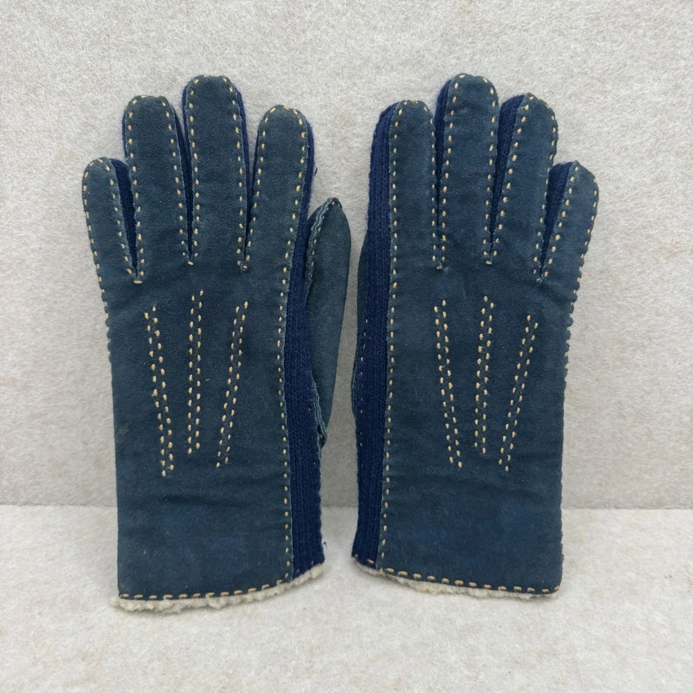 Vintage Aris Navy Blue Suede Shearling Lined Gloves Contrast Stitch Small Winter